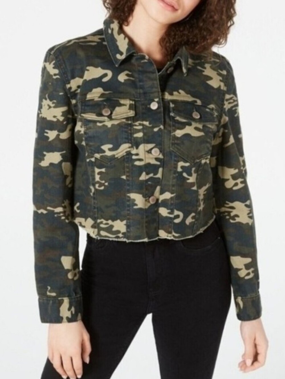 TINSELTOWN CAMO CROPPED RAW EDGE HEM JACKET ARMY GREEN - EUC